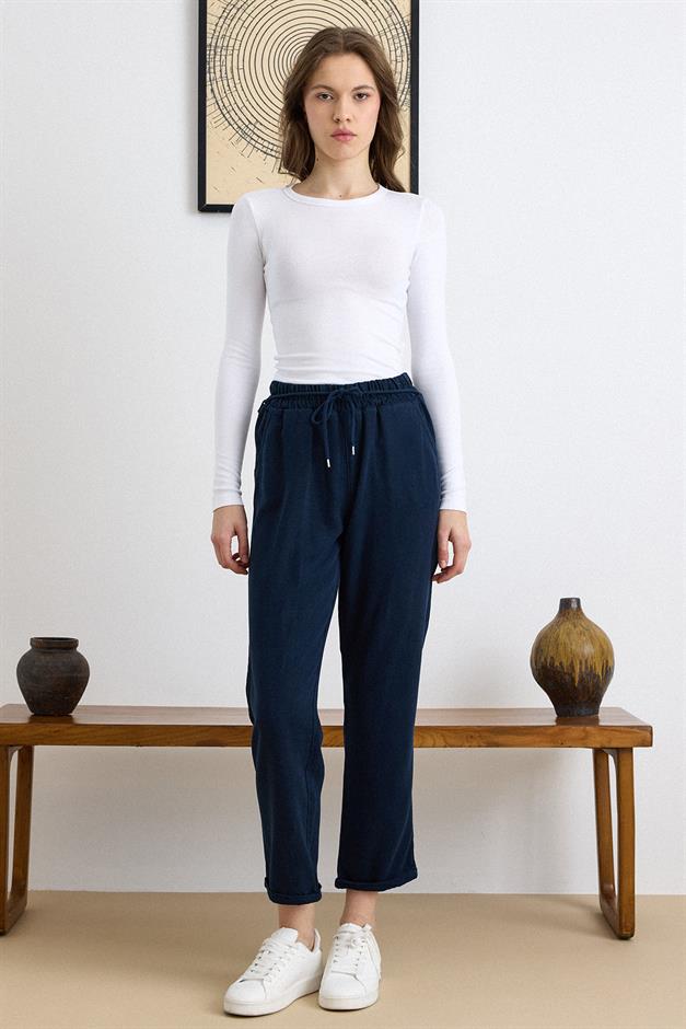 Bağcık Detaylı Beli Lastikli Soft Denim Pantolon LACİVERT 7586
