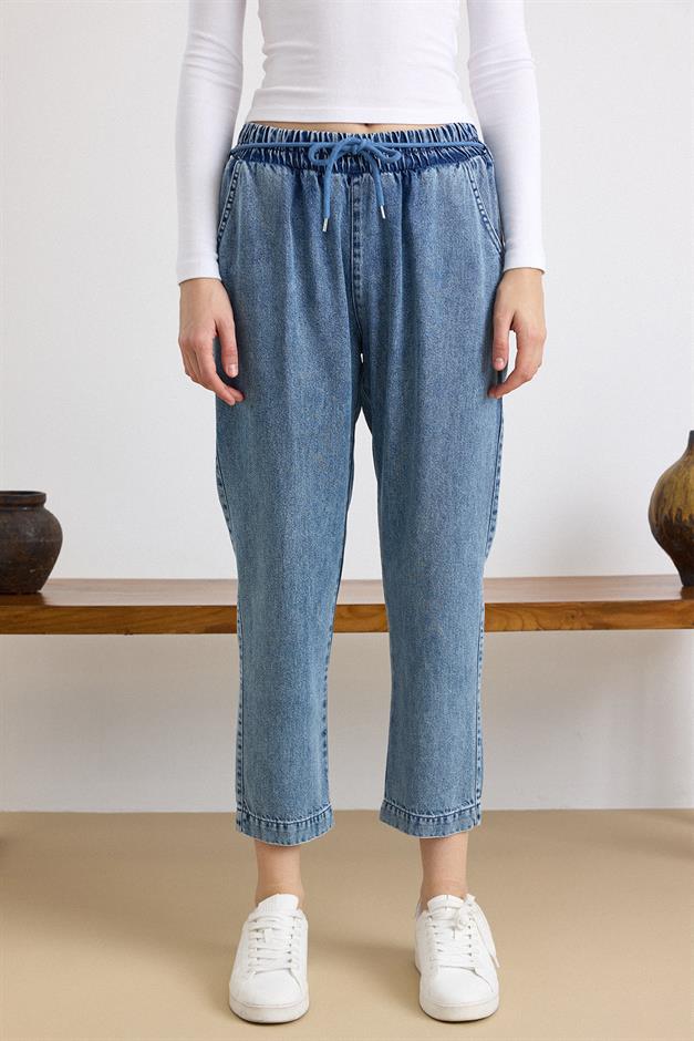Bağcık Detaylı Beli Lastikli Soft Denim Pantolon MAVİ 7586