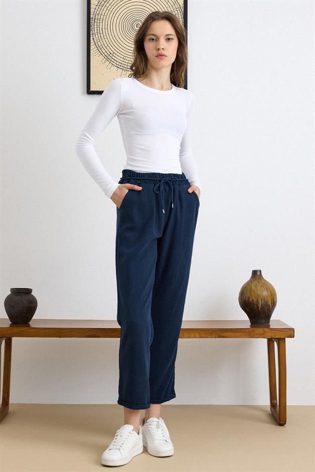 Bağcık Detaylı Beli Lastikli Soft Denim Pantolon LACİVERT 7586