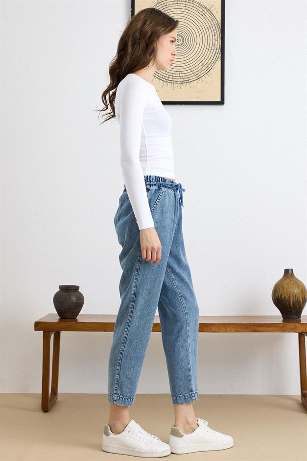 Bağcık Detaylı Beli Lastikli Soft Denim Pantolon MAVİ 7586
