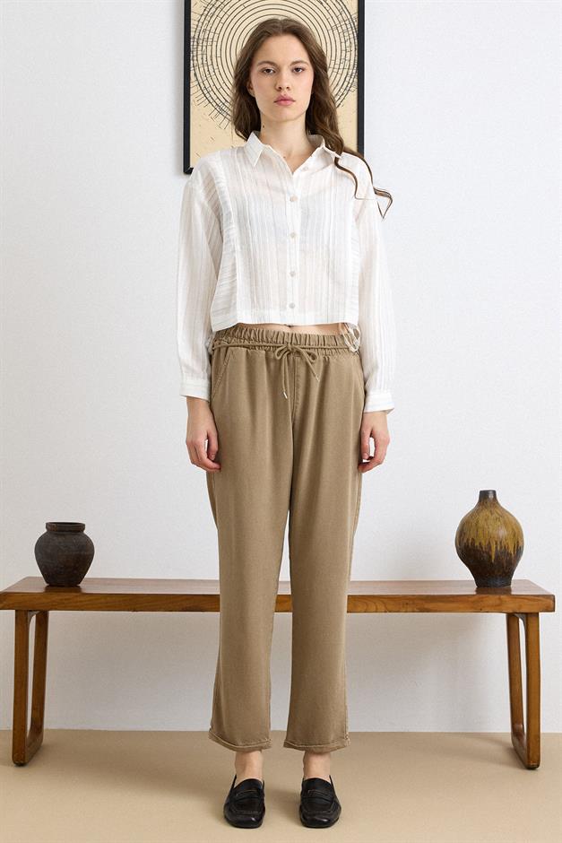 Bağcık Detaylı Beli Lastikli Soft Denim Pantolon KAMEL 7586