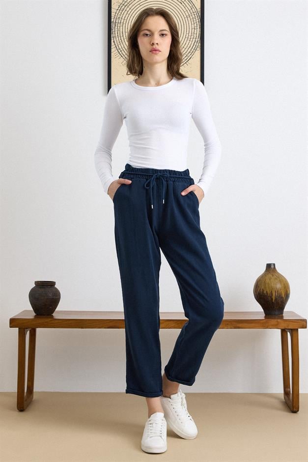 Bağcık Detaylı Beli Lastikli Soft Denim Pantolon LACİVERT 7586