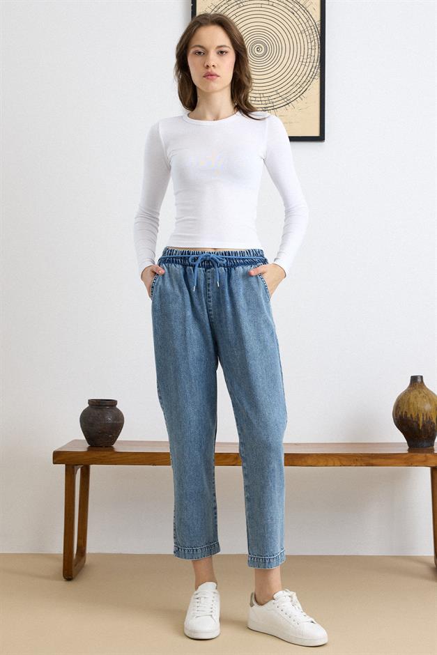 Bağcık Detaylı Beli Lastikli Soft Denim Pantolon MAVİ 7586