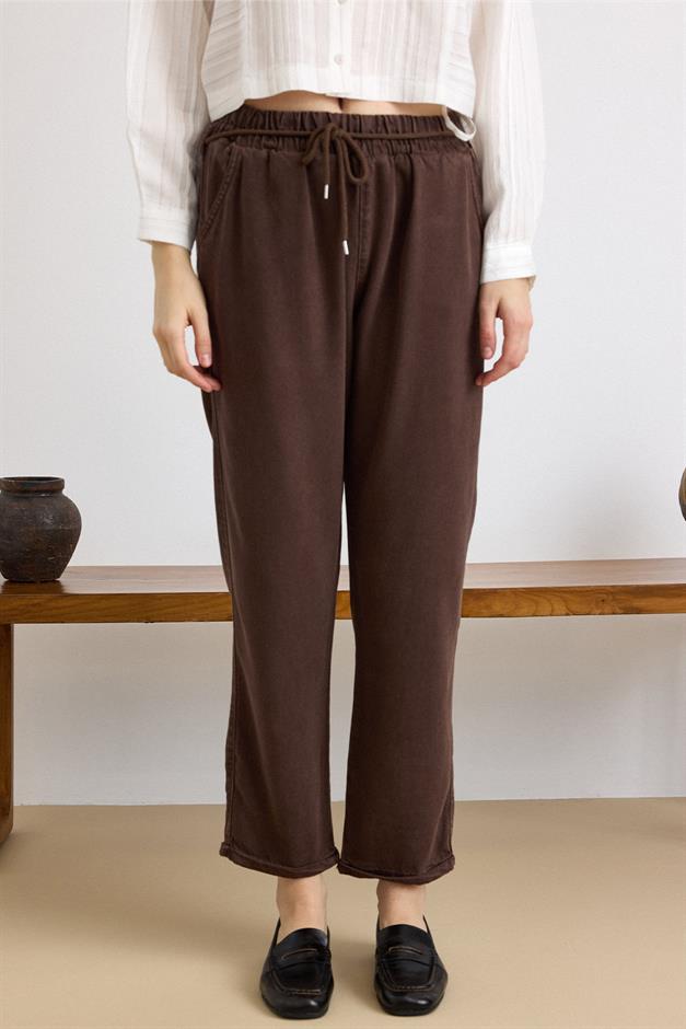 Bağcık Detaylı Beli Lastikli Soft Denim Pantolon KAHVE 7586