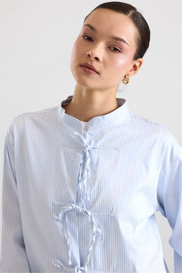 Bağcık Detaylı Çizgili Gömlek MAVİ 9476