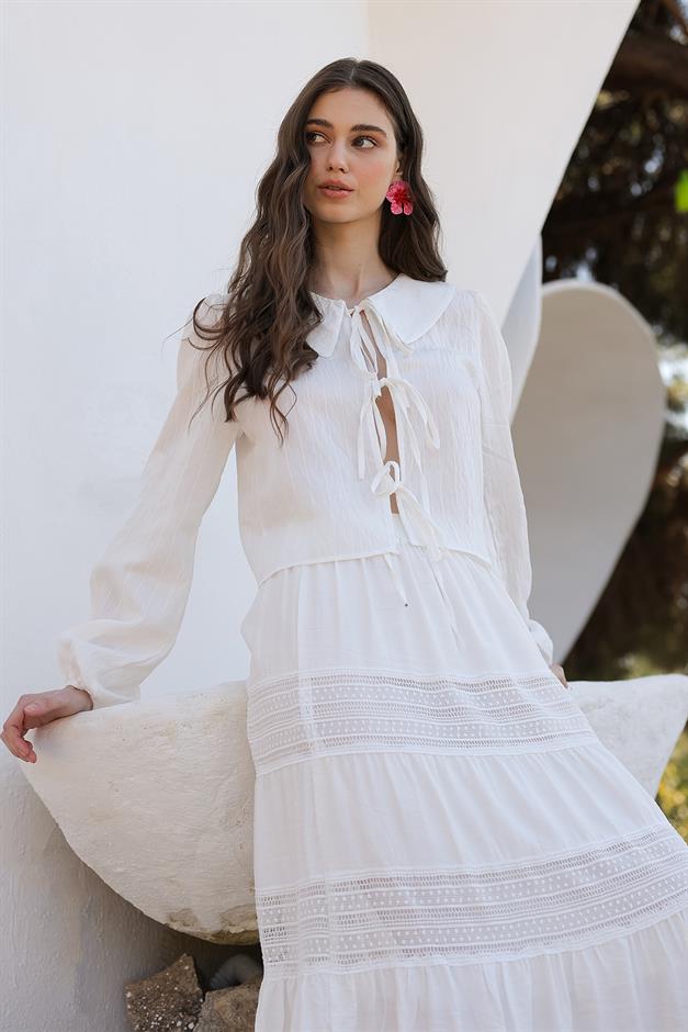 Crop Shirt with Lace Detail WHITE 9314