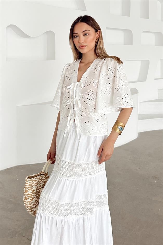 Lace Detailed Crop Guipure Shirt WHITE 9352