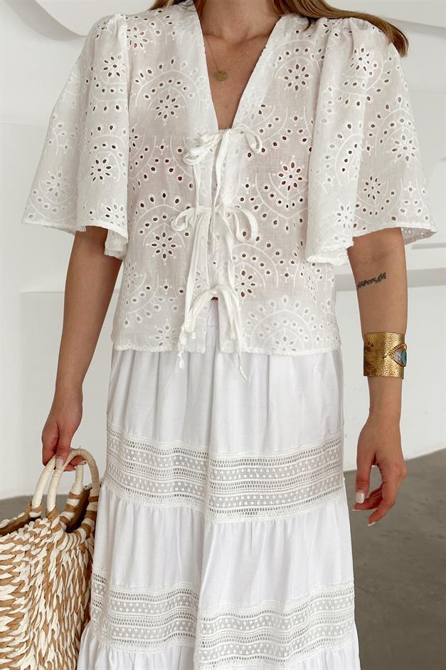 Lace Detailed Crop Guipure Shirt WHITE 9352