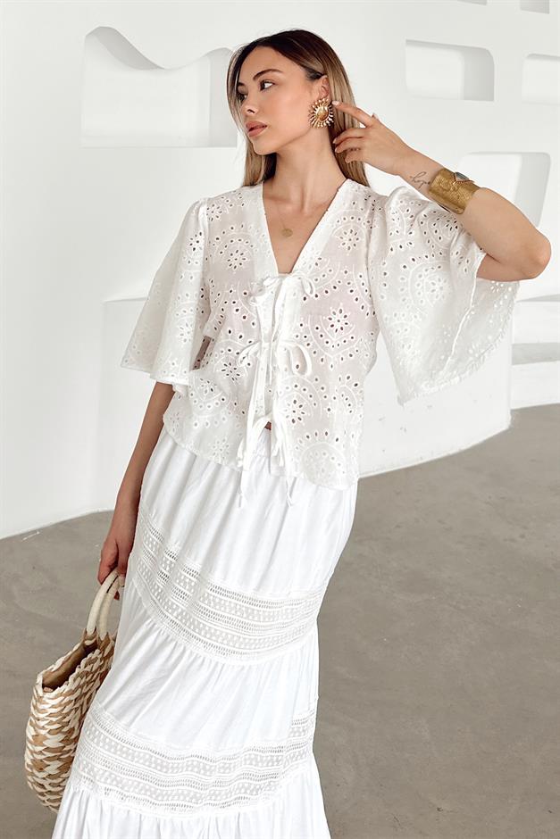 Lace Detailed Crop Guipure Shirt WHITE 9352