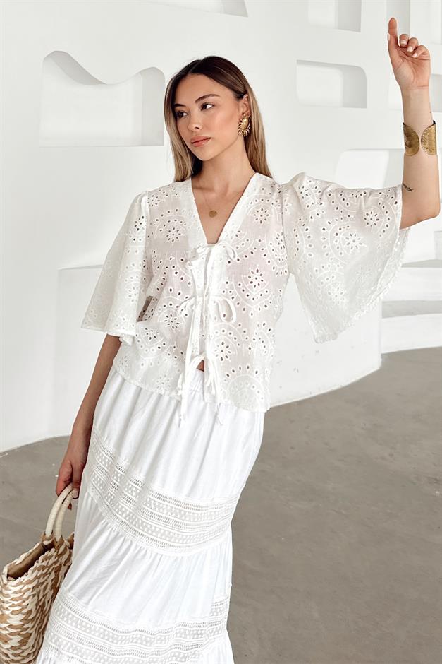 Lace Detailed Crop Guipure Shirt WHITE 9352
