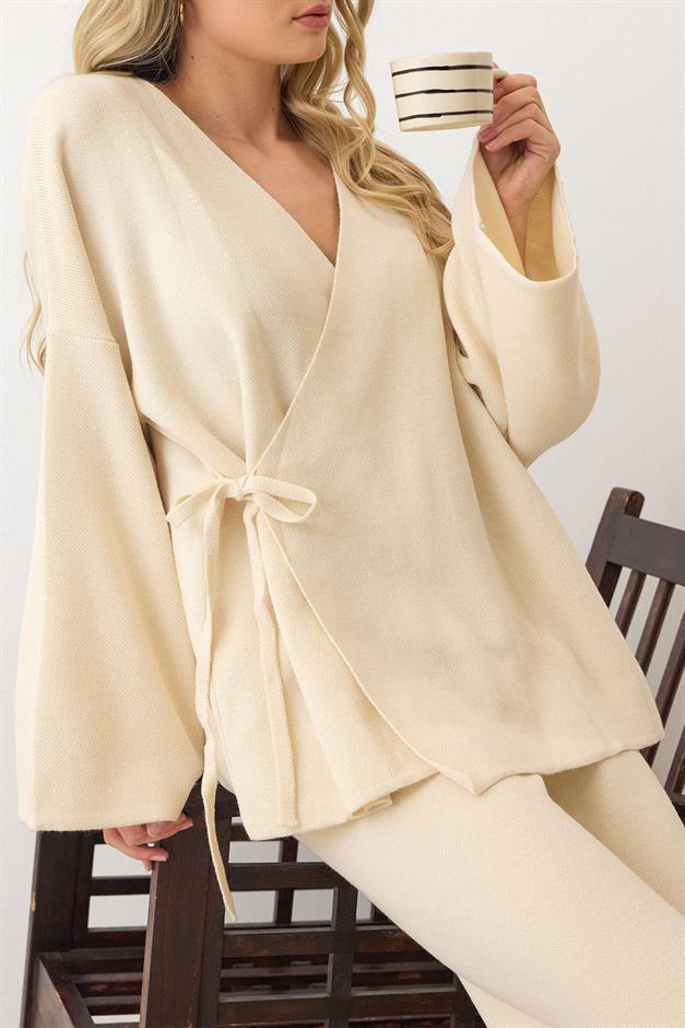 Lace-Up Kimono Trouser Knitwear Set IVORY 9364-TK