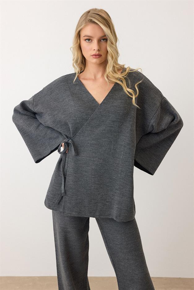 Lace-Up Kimono Trouser Knitwear Set HARD COAL 9364-TK