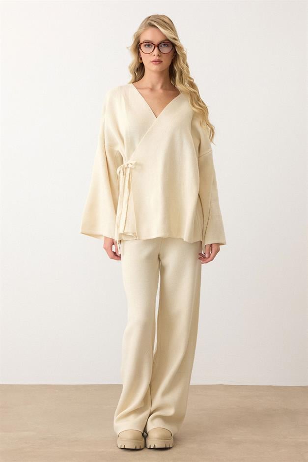 Lace-Up Kimono Trouser Knitwear Set IVORY 9364-TK