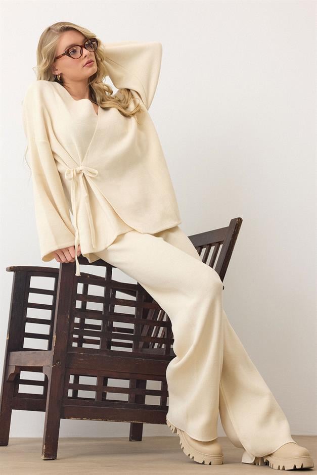 Lace-Up Kimono Trouser Knitwear Set IVORY 9364-TK