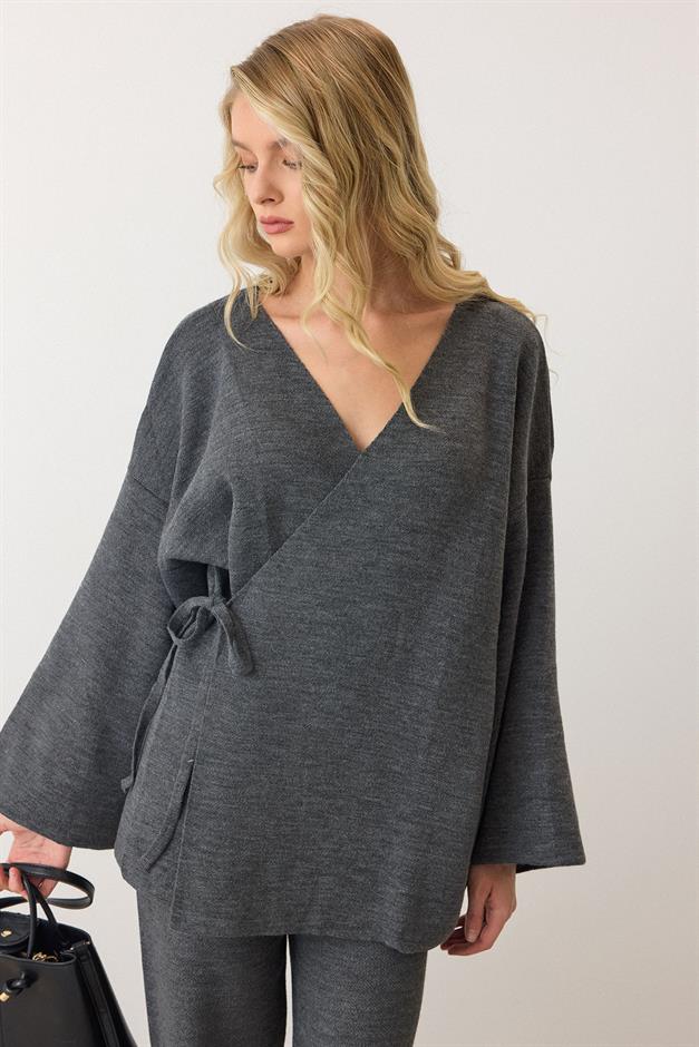 Lace-Up Kimono Trouser Knitwear Set HARD COAL 9364-TK