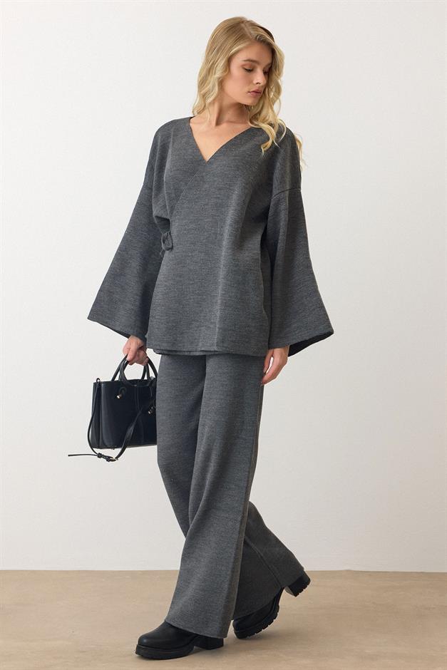 Lace-Up Kimono Trouser Knitwear Set HARD COAL 9364-TK