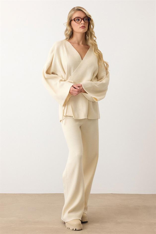 Lace-Up Kimono Trouser Knitwear Set IVORY 9364-TK