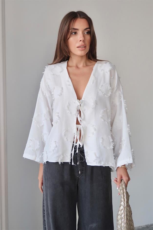 Lace-Up Tassel Patterned Shirt WHITE 9360