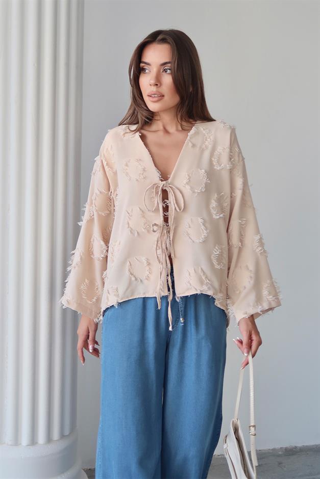Lace-Up Tassel Patterned Shirt IVORY 9360