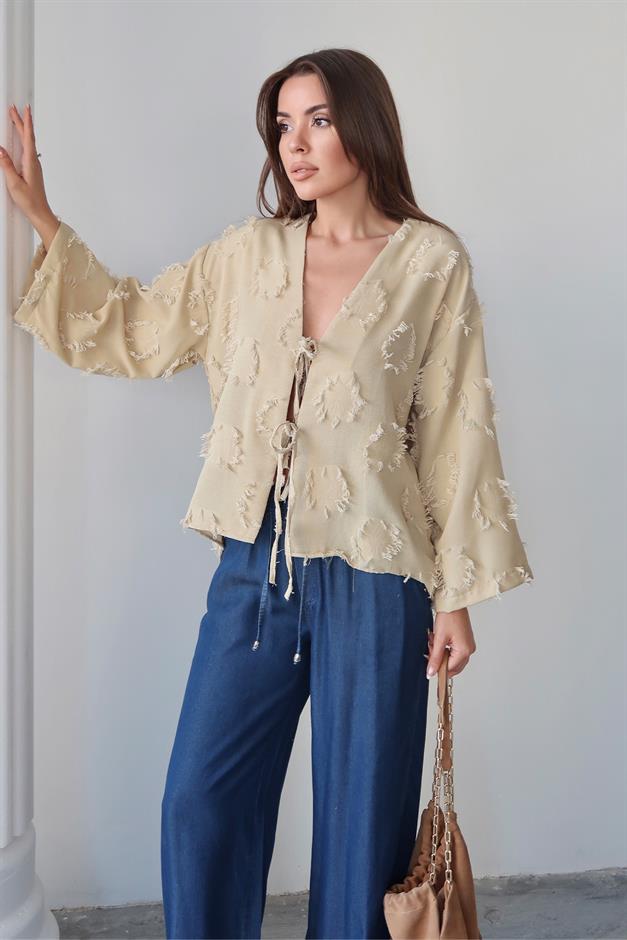 Lace-Up Tassel Patterned Shirt LIGHT GREEN 9360