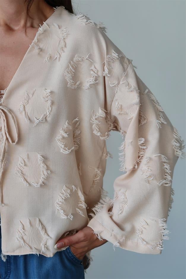 Lace-Up Tassel Patterned Shirt IVORY 9360