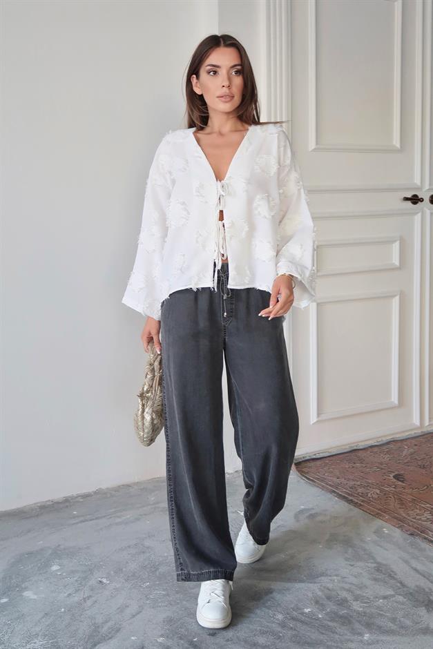 Lace-Up Tassel Patterned Shirt WHITE 9360