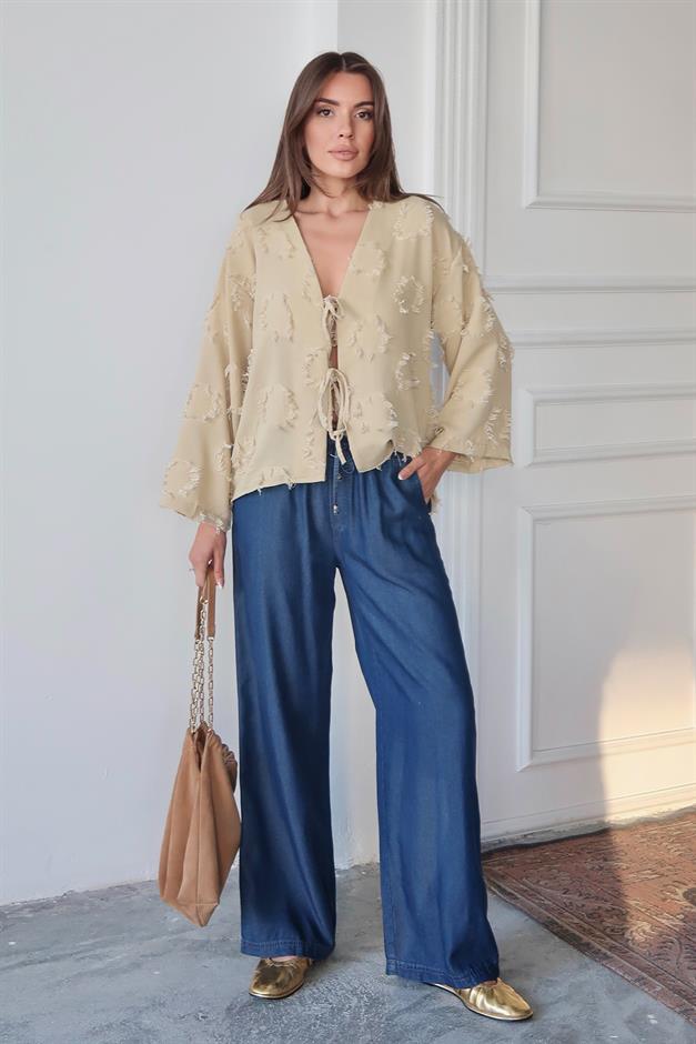 Lace-Up Tassel Patterned Shirt LIGHT GREEN 9360