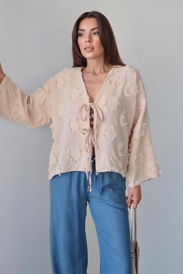 Lace-Up Tassel Patterned Shirt IVORY 9360