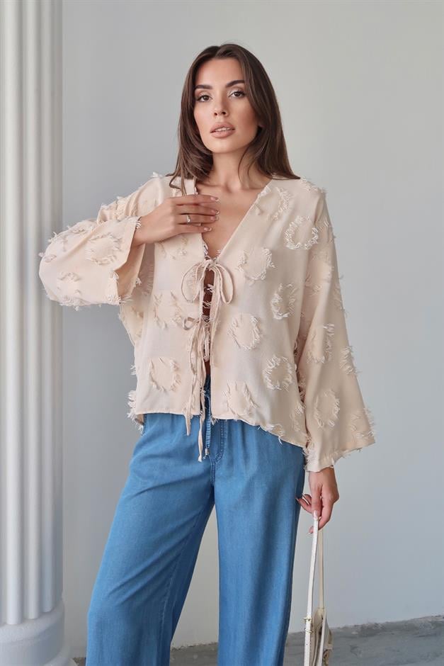 Lace-Up Tassel Patterned Shirt IVORY 9360