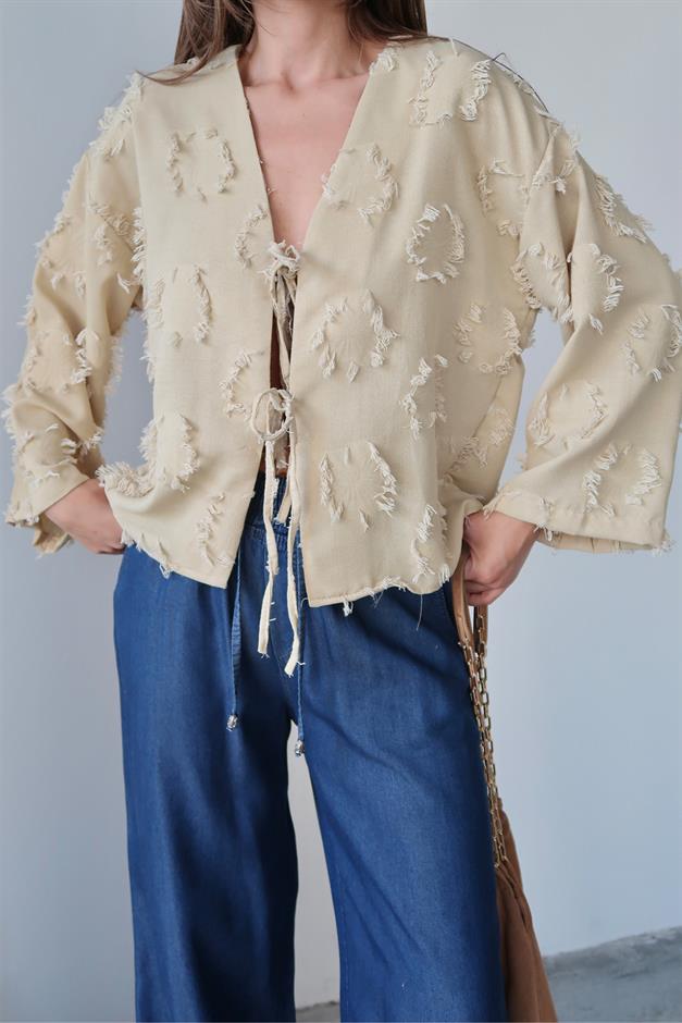 Lace-Up Tassel Patterned Shirt LIGHT GREEN 9360