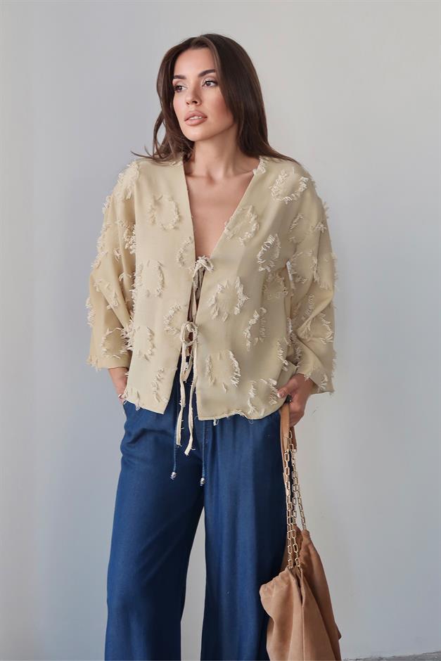 Lace-Up Tassel Patterned Shirt LIGHT GREEN 9360