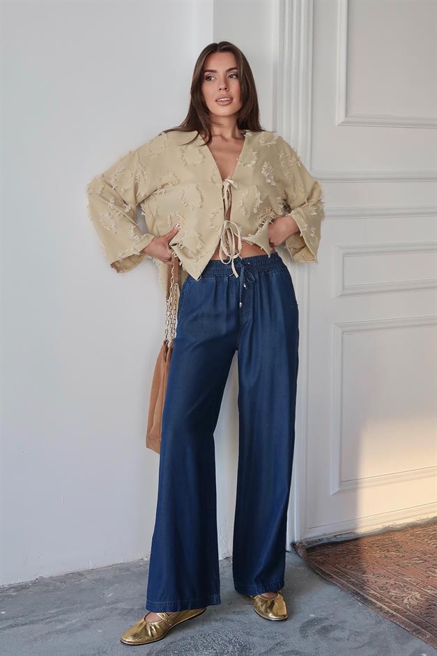 Lace-Up Tassel Patterned Shirt LIGHT GREEN 9360