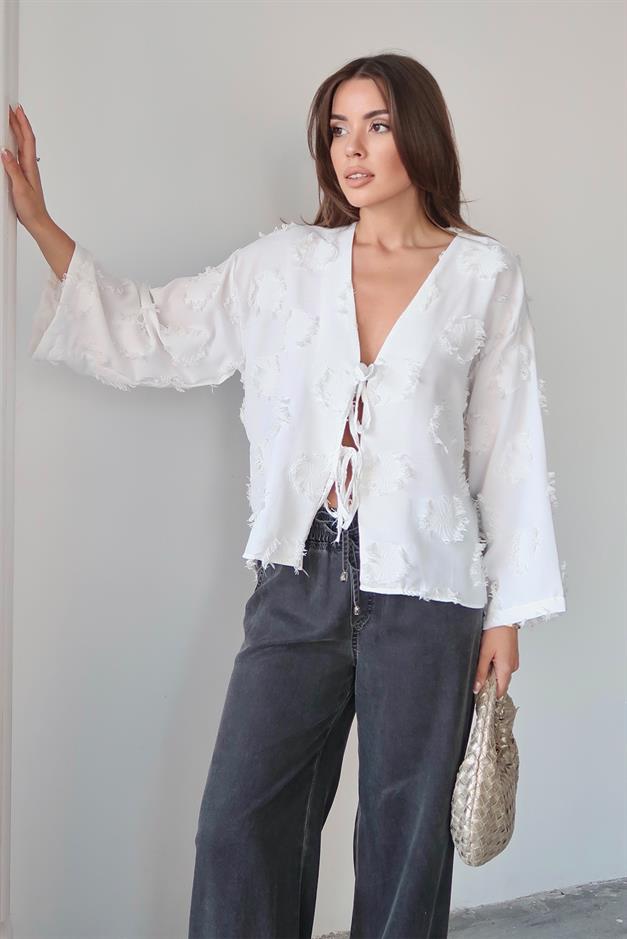Lace-Up Tassel Patterned Shirt WHITE 9360