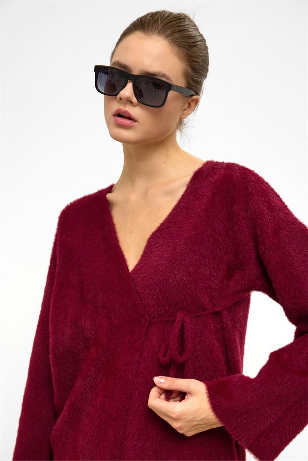 Soft Knit Cardigan with Lace Closure CLARET RED 8269