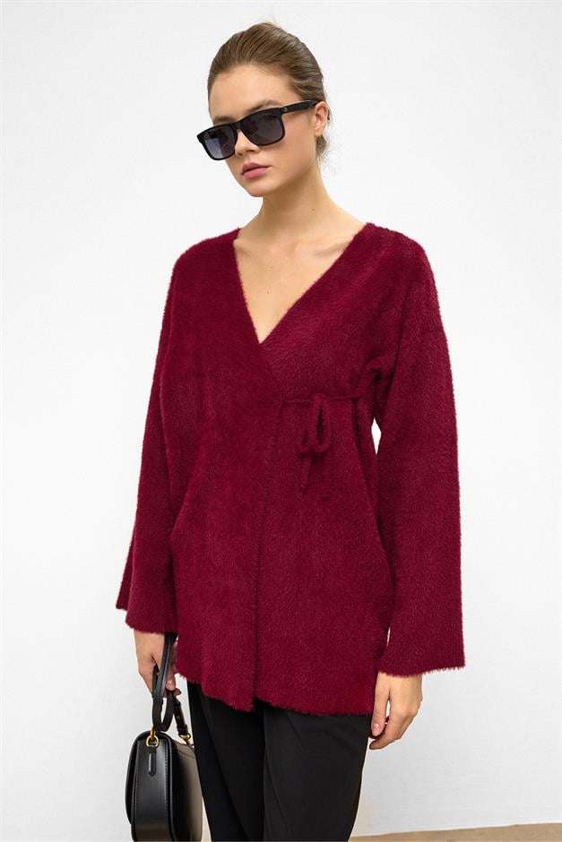 Soft Knit Cardigan with Lace Closure CLARET RED 8269