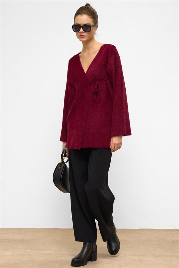 Soft Knit Cardigan with Lace Closure CLARET RED 8269