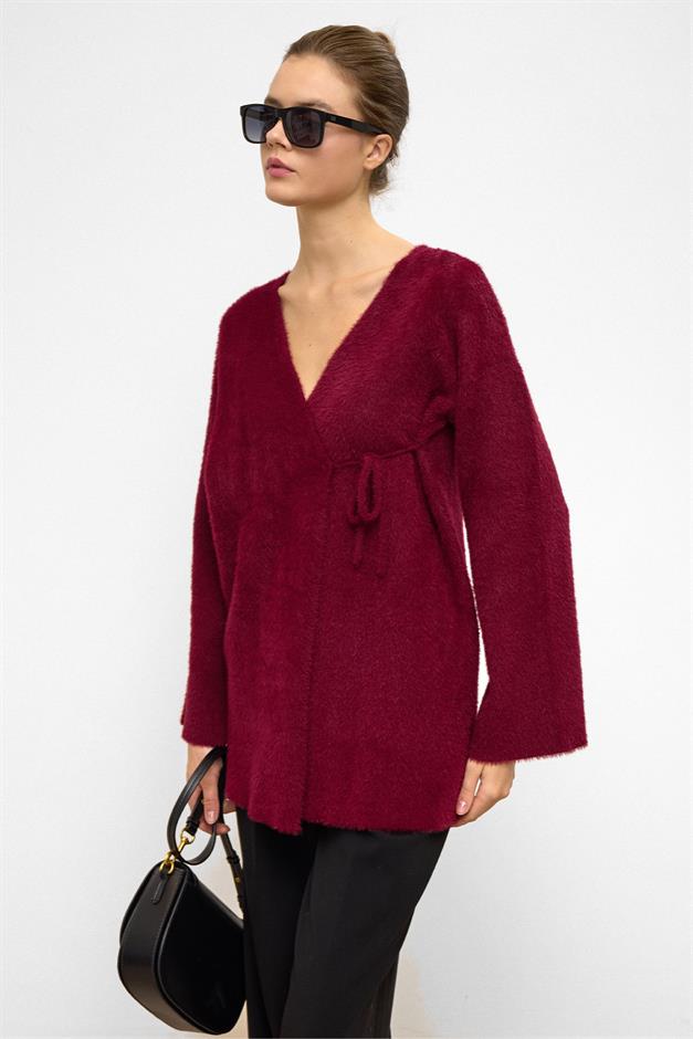 Soft Knit Cardigan with Lace Closure CLARET RED 8269