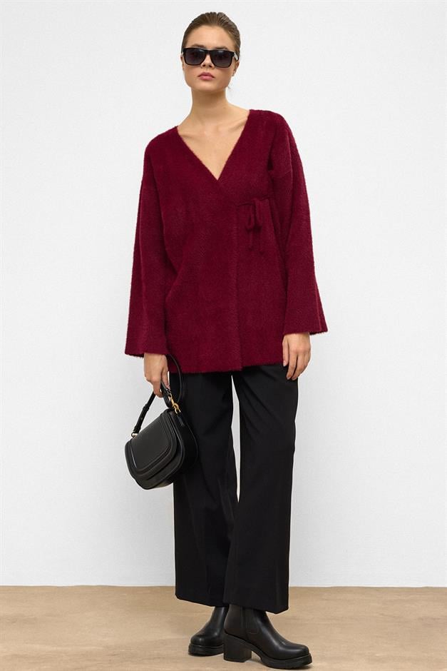 Soft Knit Cardigan with Lace Closure CLARET RED 8269