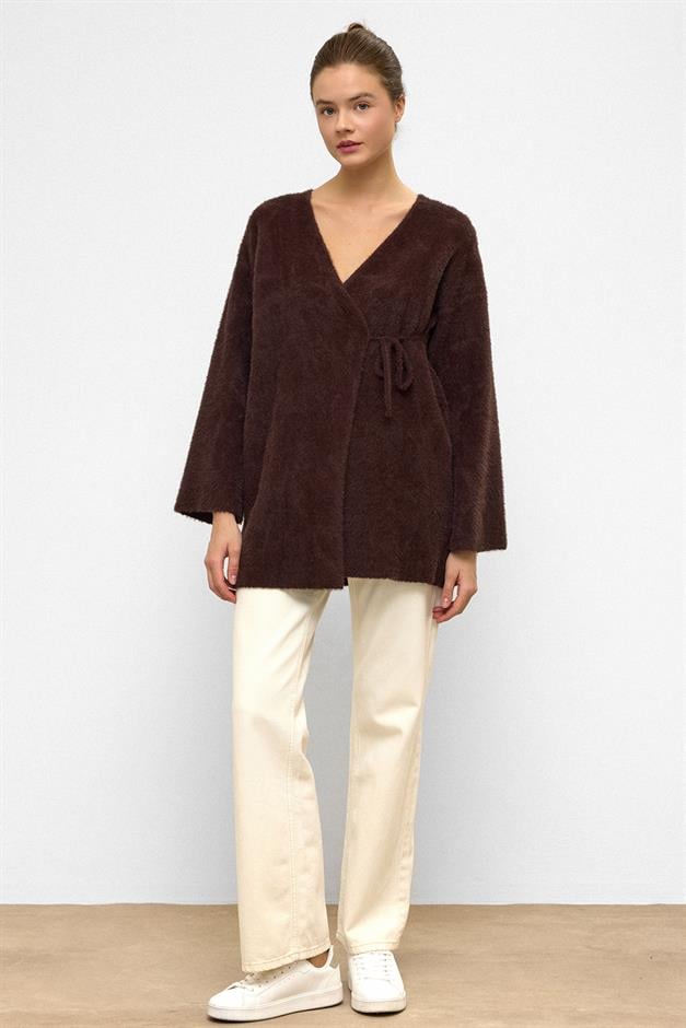 Soft Knit Cardigan with Lace Closure COFFEE 8269