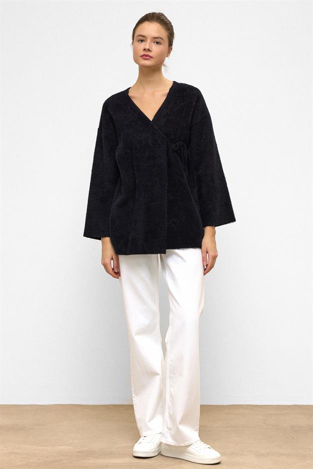 Soft Knit Cardigan with Lace Closure BLACK 8269