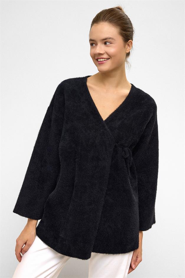 Soft Knit Cardigan with Lace Closure BLACK 8269