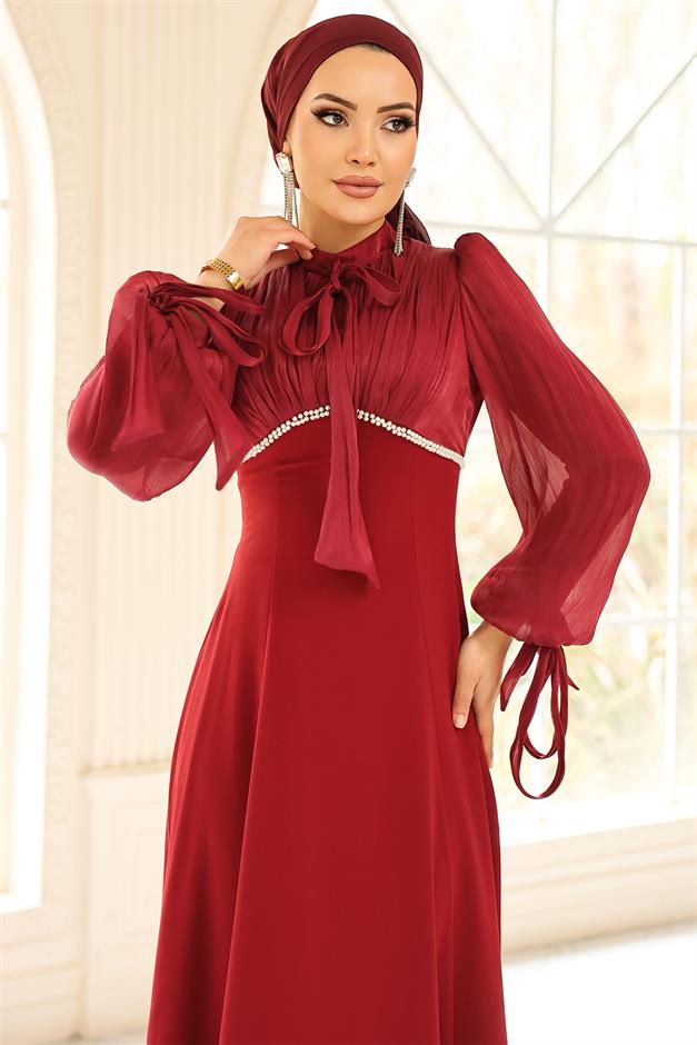 Bağcık ve İnci Detaylı Yoryo İpek Krep Kombinli Tesettür Abiye Elbise BORDO 1685