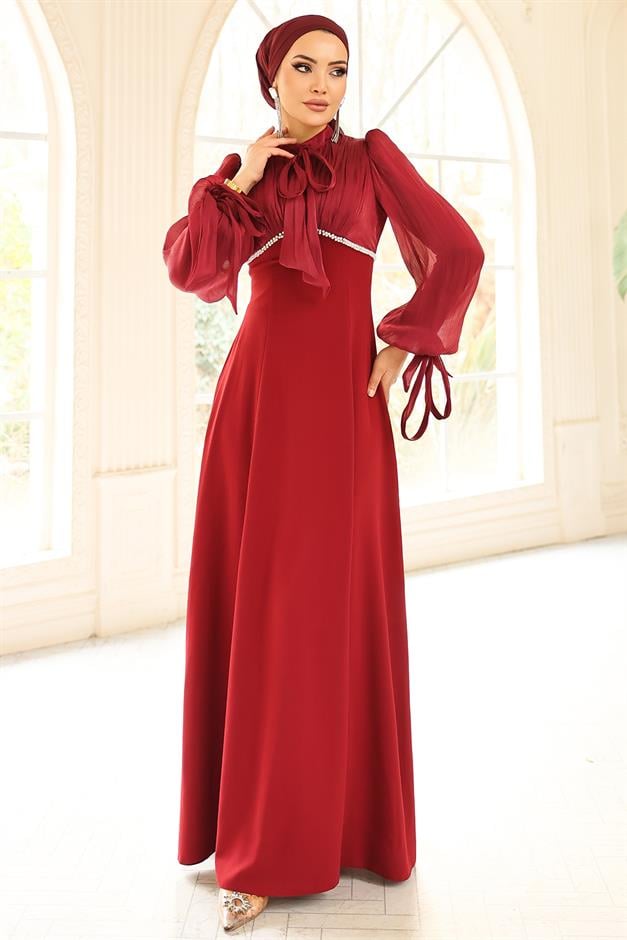 Bağcık ve İnci Detaylı Yoryo İpek Krep Kombinli Tesettür Abiye Elbise BORDO 1685