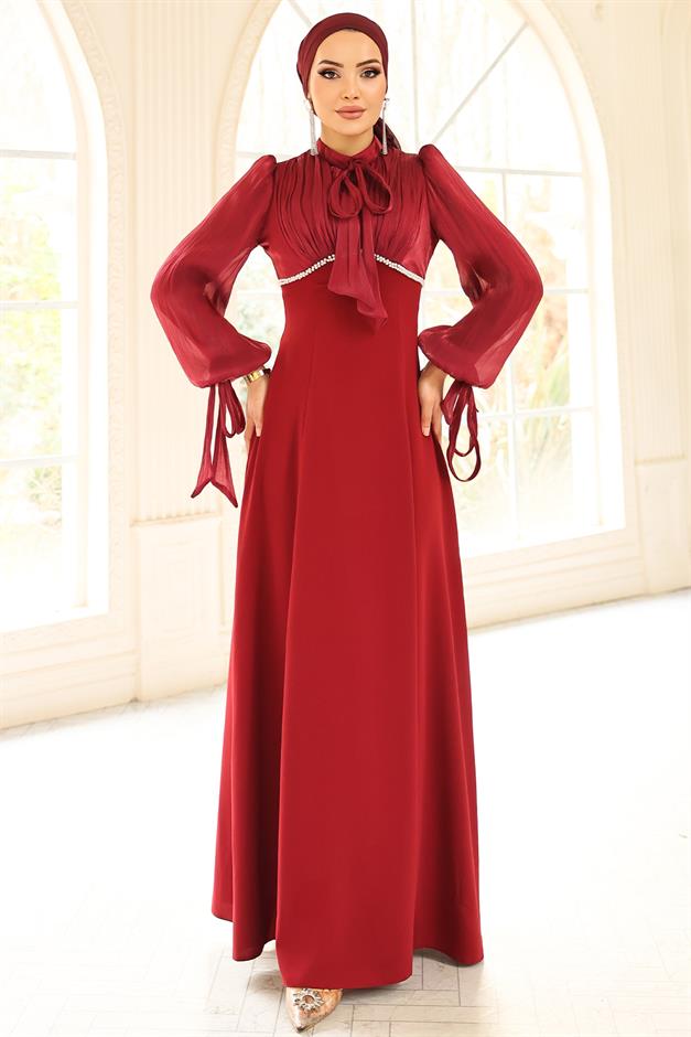 Bağcık ve İnci Detaylı Yoryo İpek Krep Kombinli Tesettür Abiye Elbise BORDO 1685