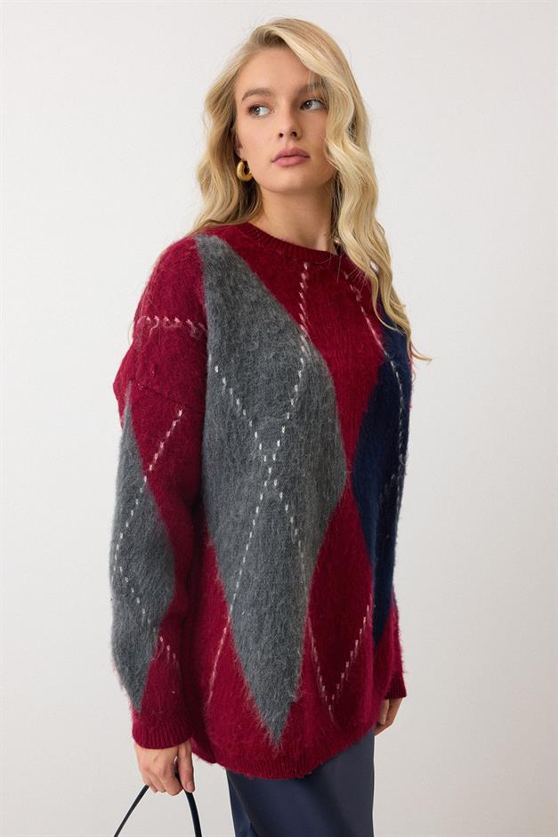 Diamond Pattern Oversized Knitwear Sweater CLARET RED 8272