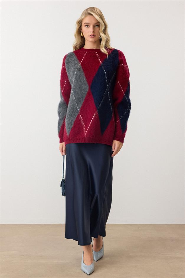 Diamond Pattern Oversized Knitwear Sweater CLARET RED 8272