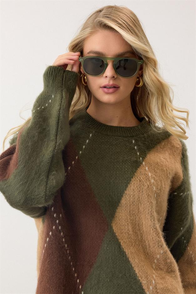 Diamond Pattern Oversized Knitwear Sweater DRAB 8272