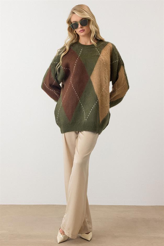 Diamond Pattern Oversized Knitwear Sweater DRAB 8272