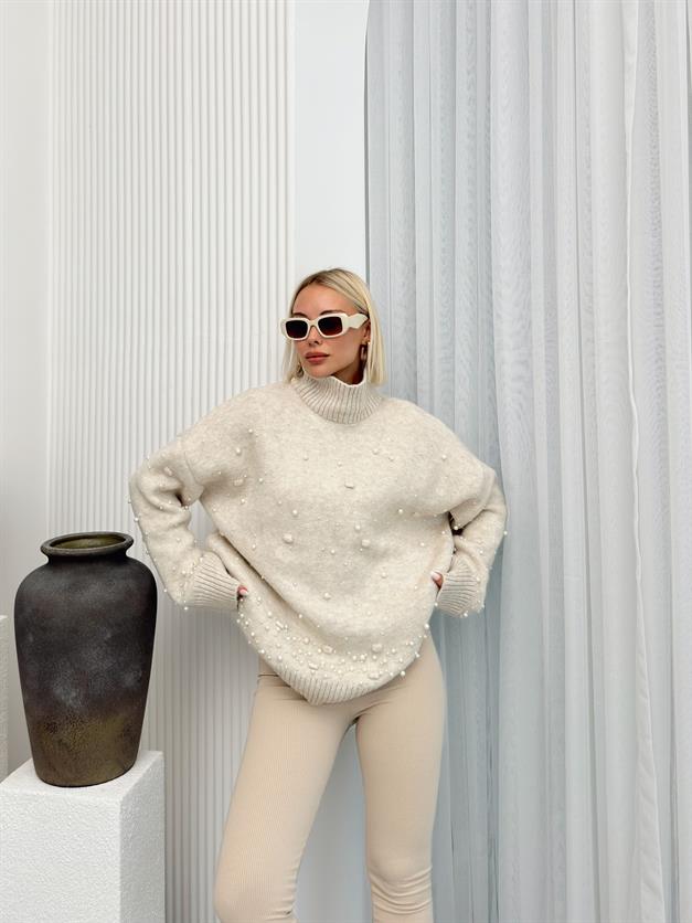 Turtleneck Pearl Detailed Oversized Knitwear Sweater IVORY 8240