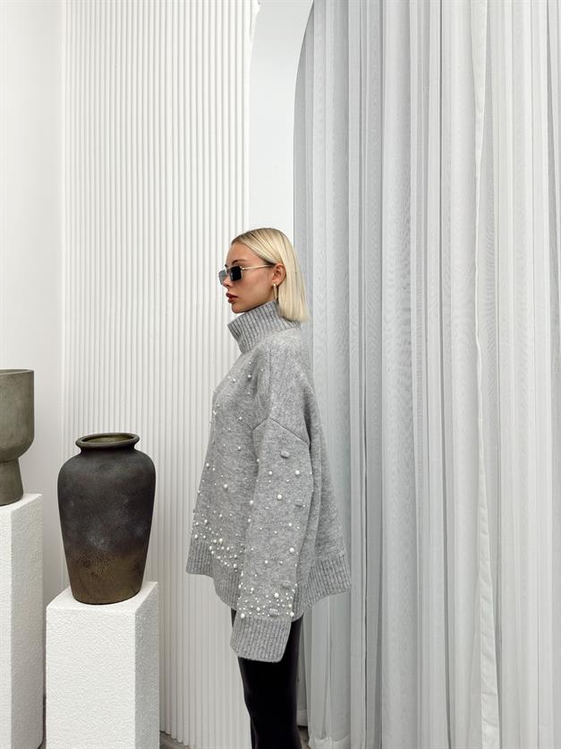 Turtleneck Pearl Detailed Oversized Knitwear Sweater GREY 8240
